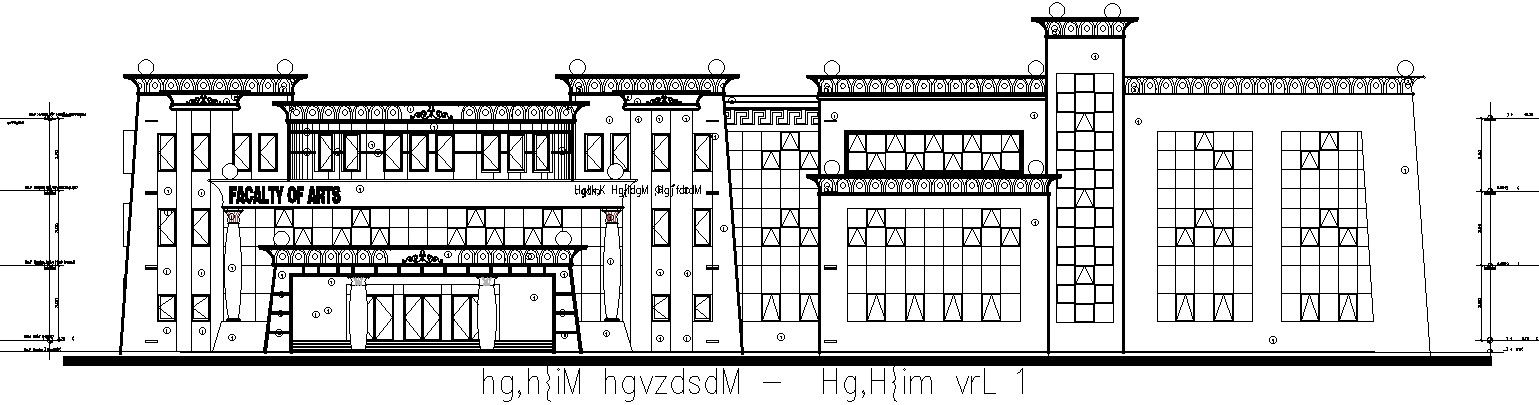 Front elevation of arts university in detail AutoCAD drawing