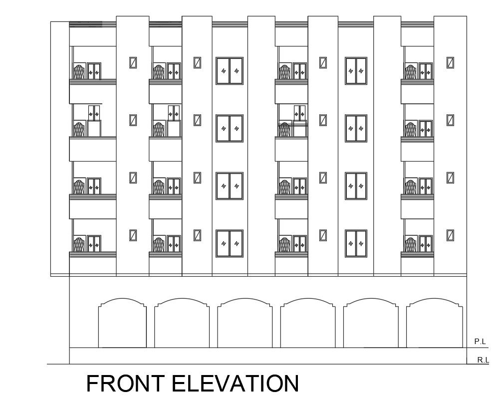 Front elevation of building in AutoCAD 2D drawing, dwg file, CAD file
