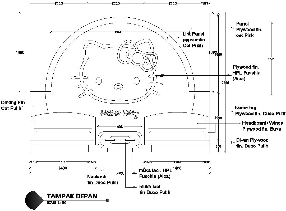 Front Elevation of Kids Bed and Headboard AutoCAD DWG File Download