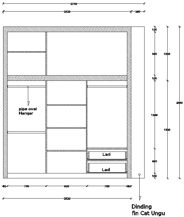 Front elevation of open wardrobe design details in AutoCAD, dwg file.
