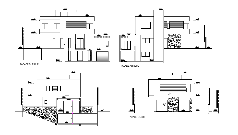 Front elevation of the G+1 home design is given in this Autocad drawing file. Download now.