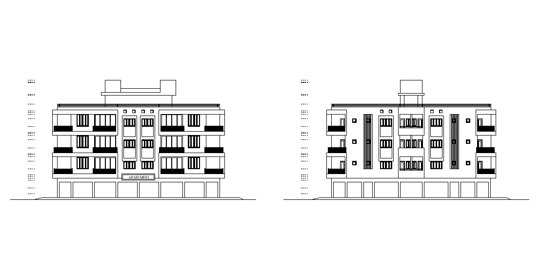 Front elevation of the apartment building is given in this Autocad drawing file. Download the Autocad drawing file.