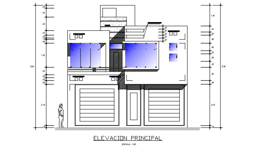 Front elevation of the building is given in this drawing model. Download the 2D Autocad file.