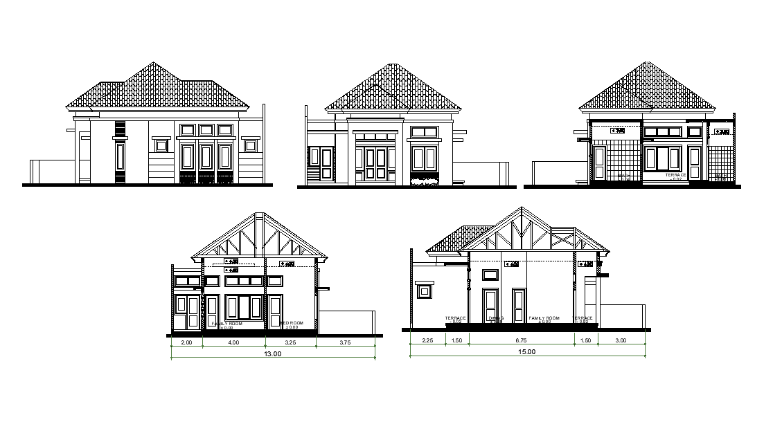 Front elevation of the house plan is given in this 2D Autocad drawing file. Download the 2D Autocad DWG drawing file.