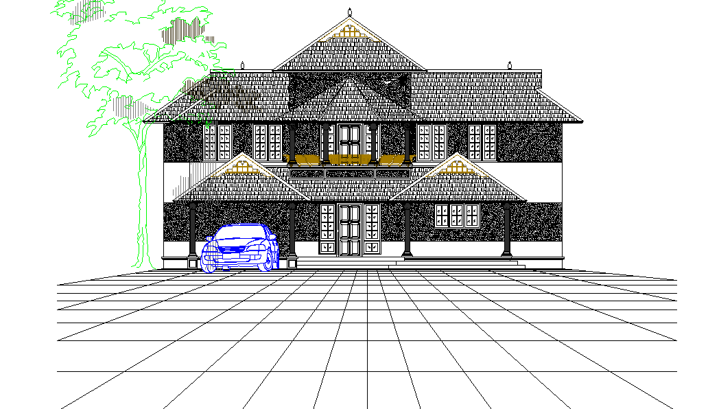 Front elevation of the residential building is given in this Autocad drawing file. Download now.