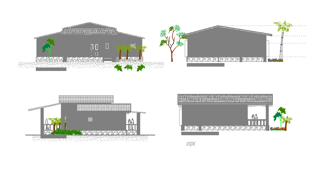 Front elevation of the resort is given in this Autocad drawing file.Download the Autocad file.