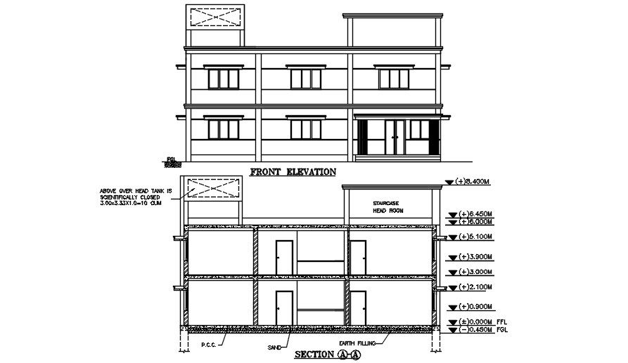 Front elevation of the school admin building has given in this 2D Autocad DWG drawing file. Download the Autocad DWG drawing file.