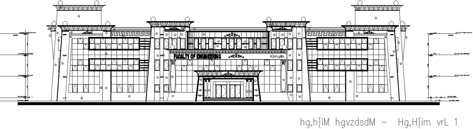 Front elevation of university in Detail AutoCAD drawing