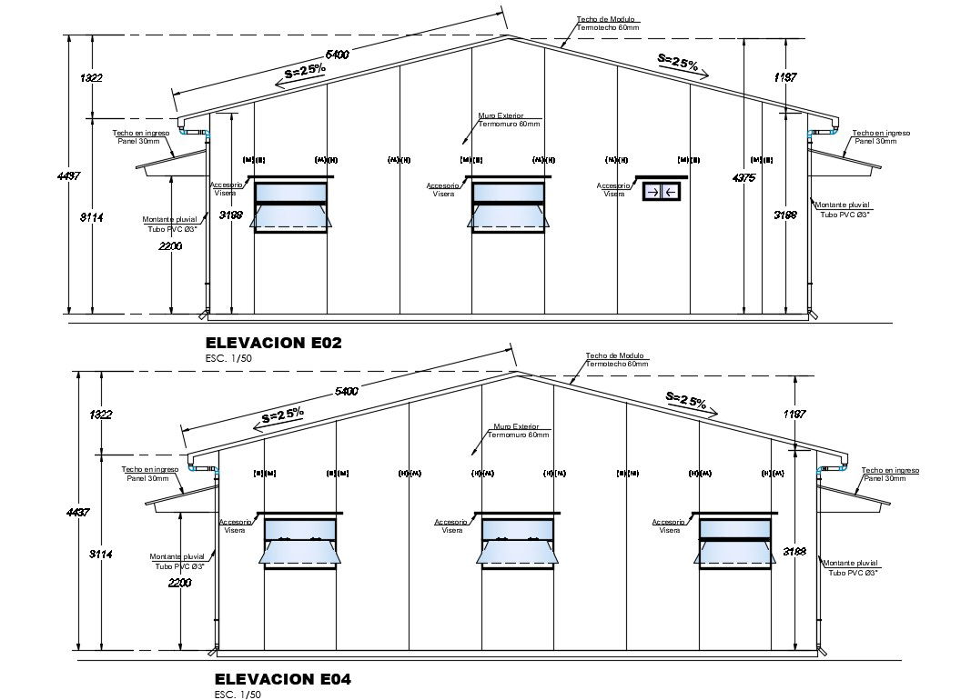 Front elevation view of 11x10m office building is given in this Autocad drawing file. Download now.