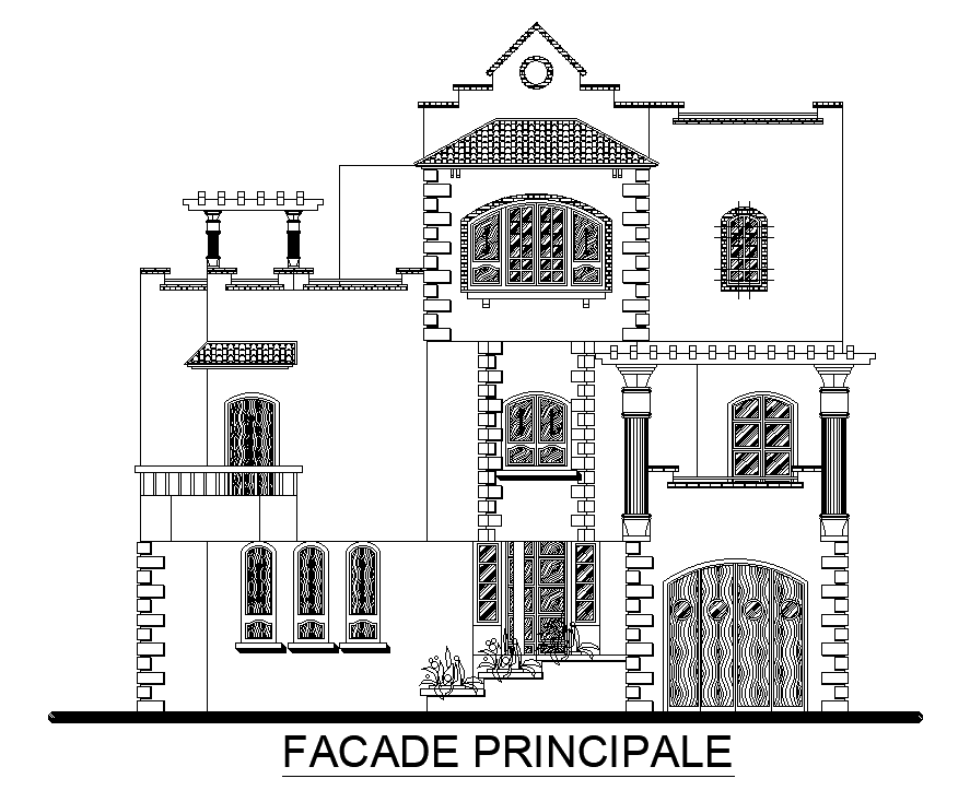 Front elevation view of 11x14m villa building is given in this AutoCAD drawing model. Download now.