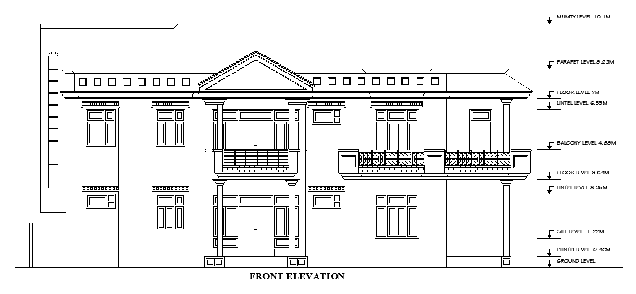 Front elevation view of 12x8m villa building is given in this AutoCAD drawing model.Download now.