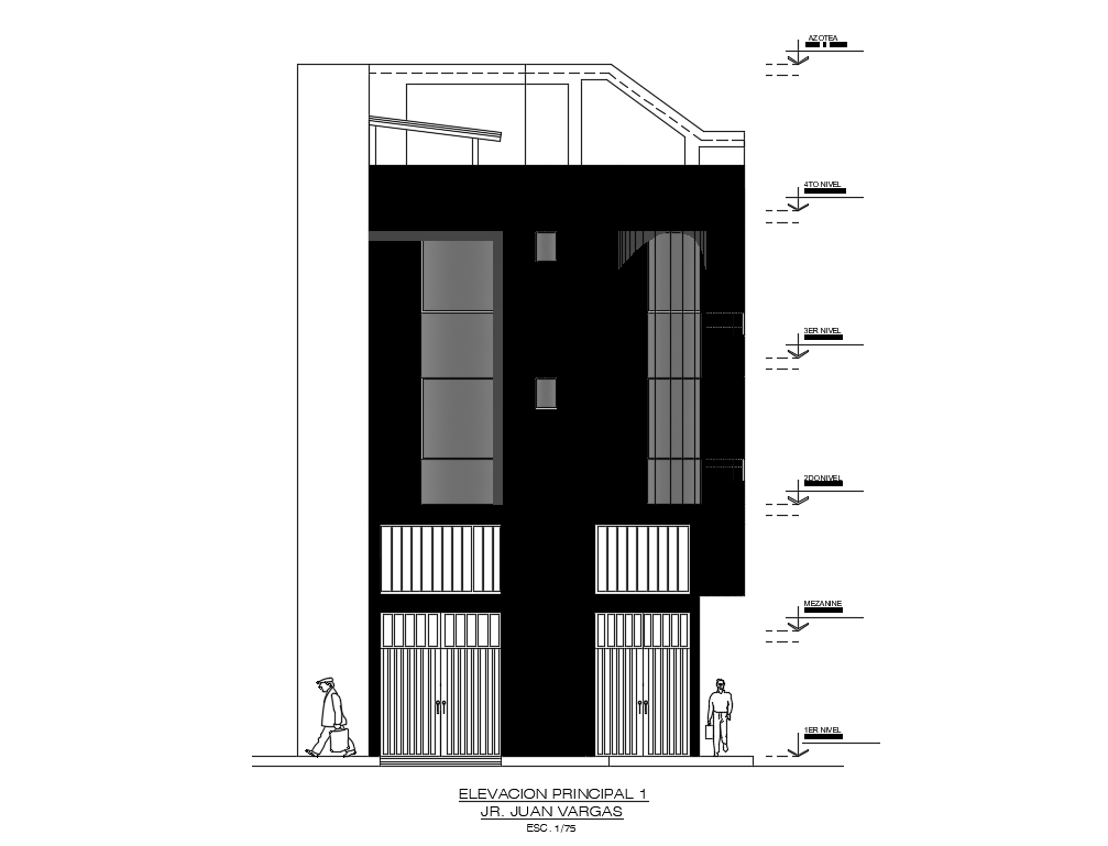 Front elevation view of 16x13m apartment building is given in this Autocad drawing file.Download now.