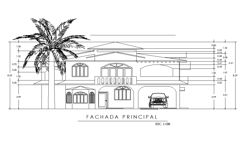 Front elevation view of 17x13m house building is given in this AutoCAD DWG drawing file. Download now.