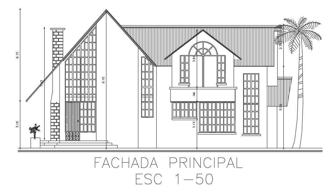 Front elevation view of 18x15m house building is given in this Autocad drawing file.Download now.
