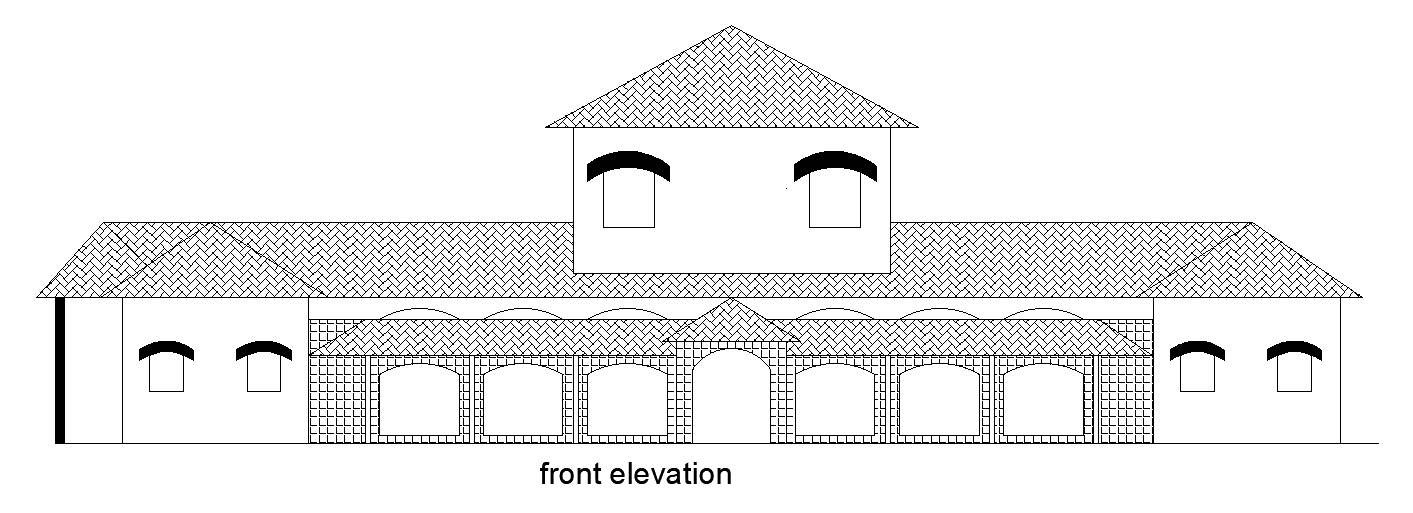Front elevation view of 207’x156’ club house building is given in this AutoCAD drawing file. Download now.