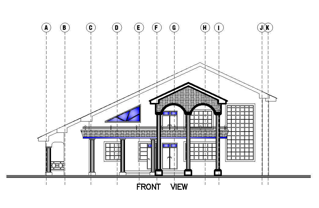 Front elevation view of 22x20m house plan is given in this Autocad drawing file. Download now.