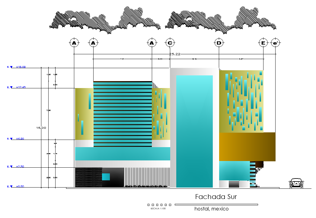 Front elevation view of 23x23m hostel building is given in this AutoCAD drawing model. Download now.
