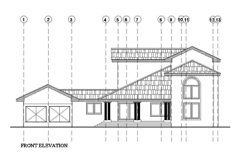 Front elevation view of 26x23m house plan is given in this Autocad drawing file. Download now.