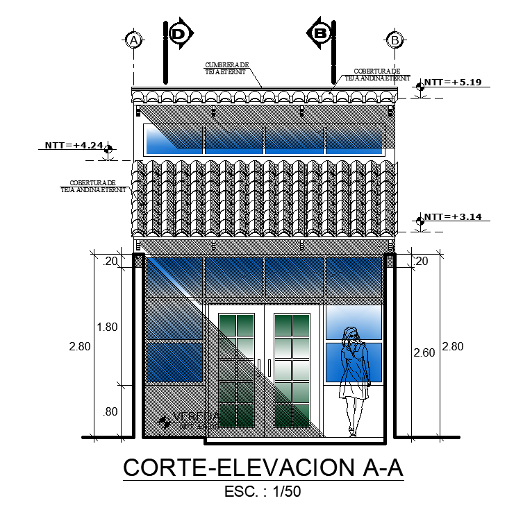 Front elevation view of 26x4m house building is given in this AutoCAD drawing file.Download the Autocad model.