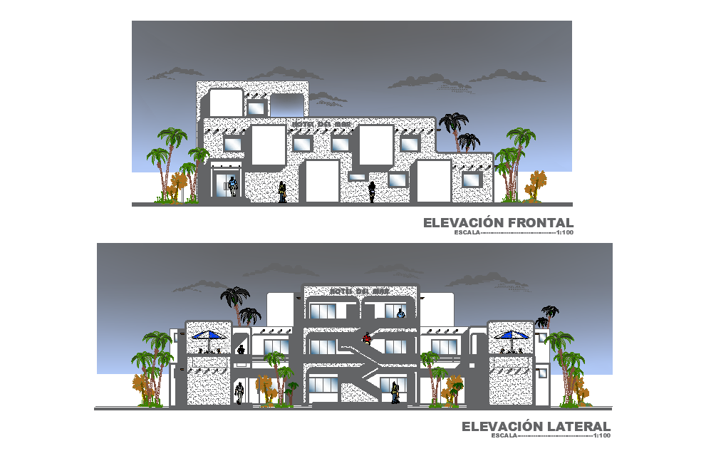 Front elevation view of 36x26m hotel building is given in this Autocad drawing file. Download now.