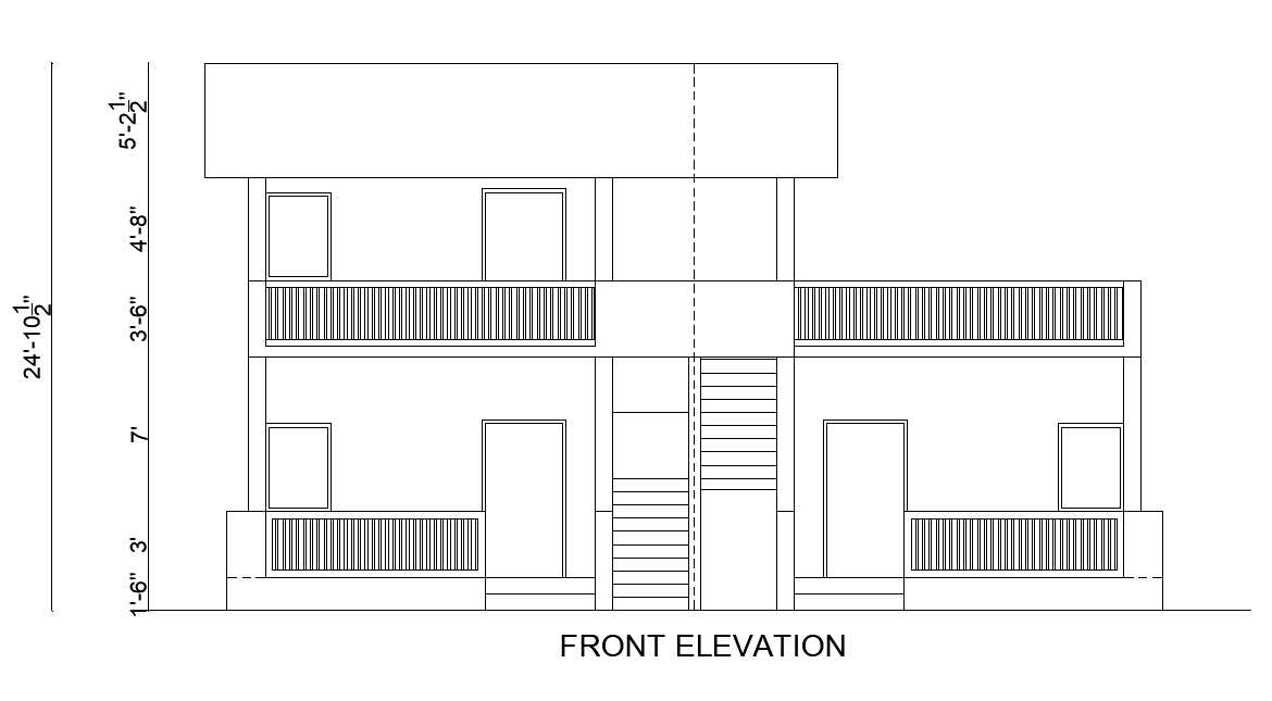Front elevation view of 37’x22’ double cottage building with different rail is given in this Autocad drawing file.Download now.