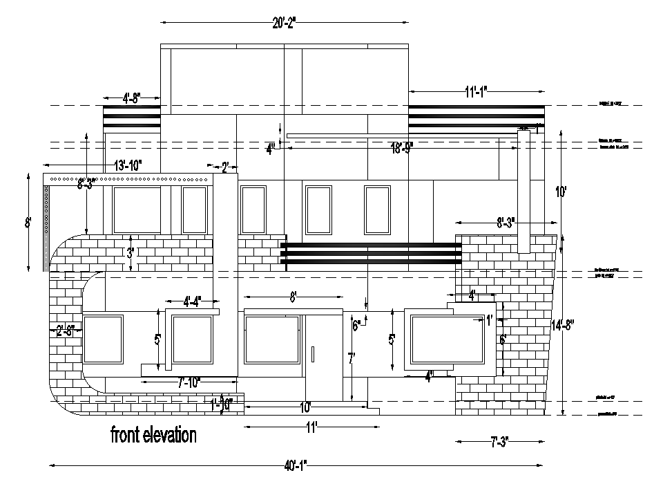 Front elevation view of 40’x36’ house building has been given in this AutoCAD drawing model.Download the Autocad model.