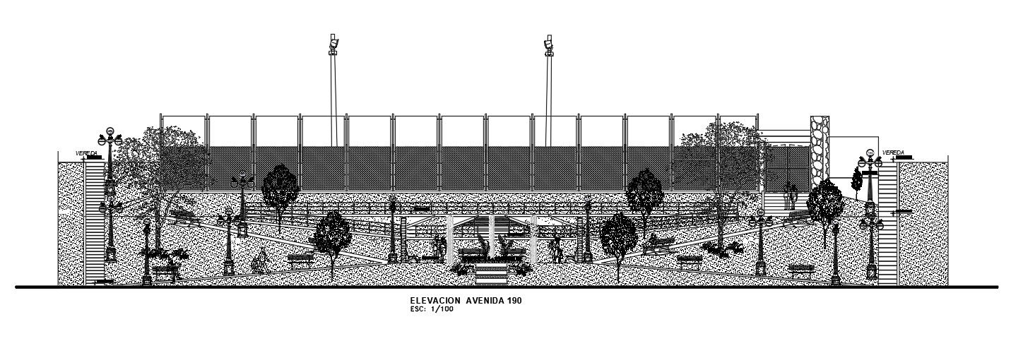 Front elevation view of 50x60m public garden cum park is given in this Autocad drawing file.Download the Autocad model.