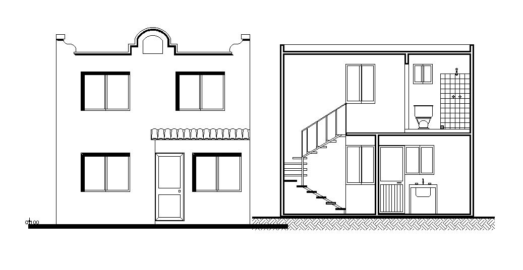 Front elevation view of 6x7m house building is given in this Autocad drawing file.  Download now.