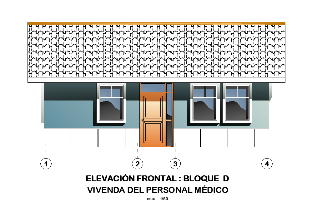 Front elevation view of 8x8m house building is given in this AutoCAD drawing model. Download now.