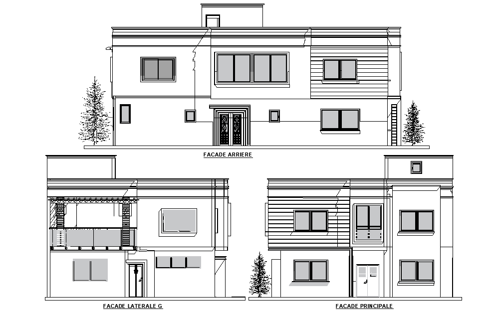 Front elevation view of 9x17m villa building is given in this Autocad drawing file. Download now..