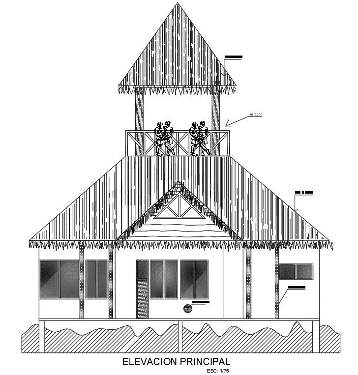 Front elevation view ofArchitecture circular shape house building is given in this AutoCAD drawing model.Download now.