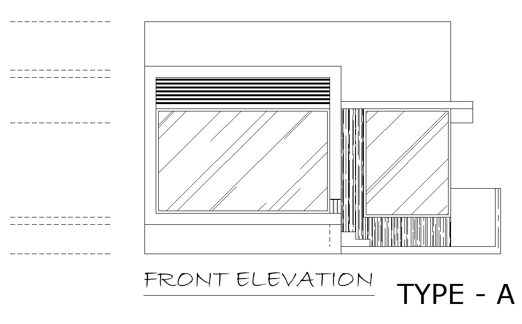 Front elevation view of A type 41’x38’ house building is given in this AutoCAD drawing model. Download the Autocad model.