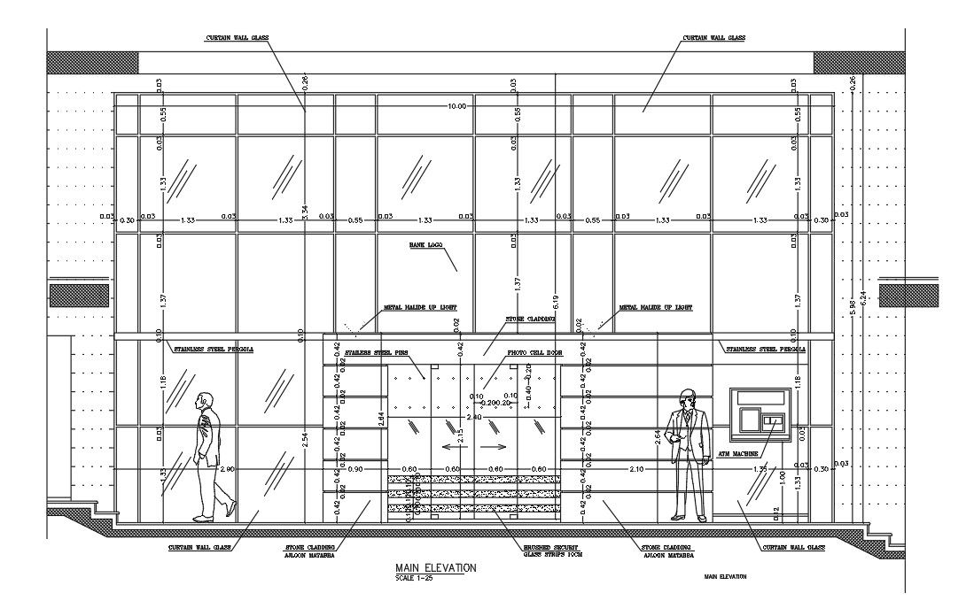 Front elevation view of the bank building is given in this Autocad drawing file.Download the Autocad model.