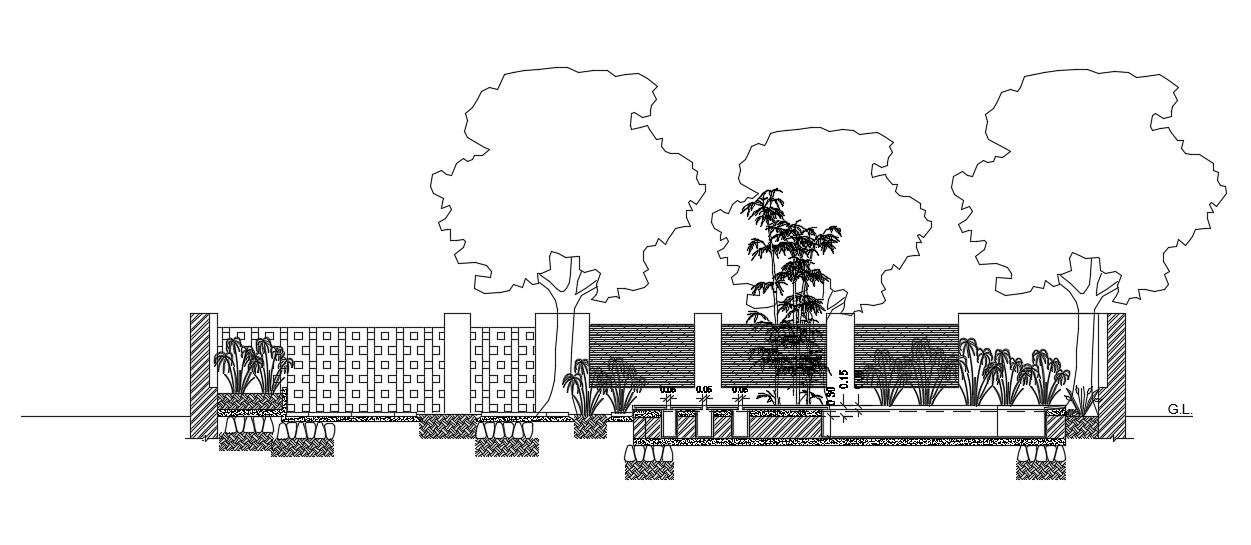 Front elevation view of the shopping building is given in this Autocad drawing file. Download the Autocad model.