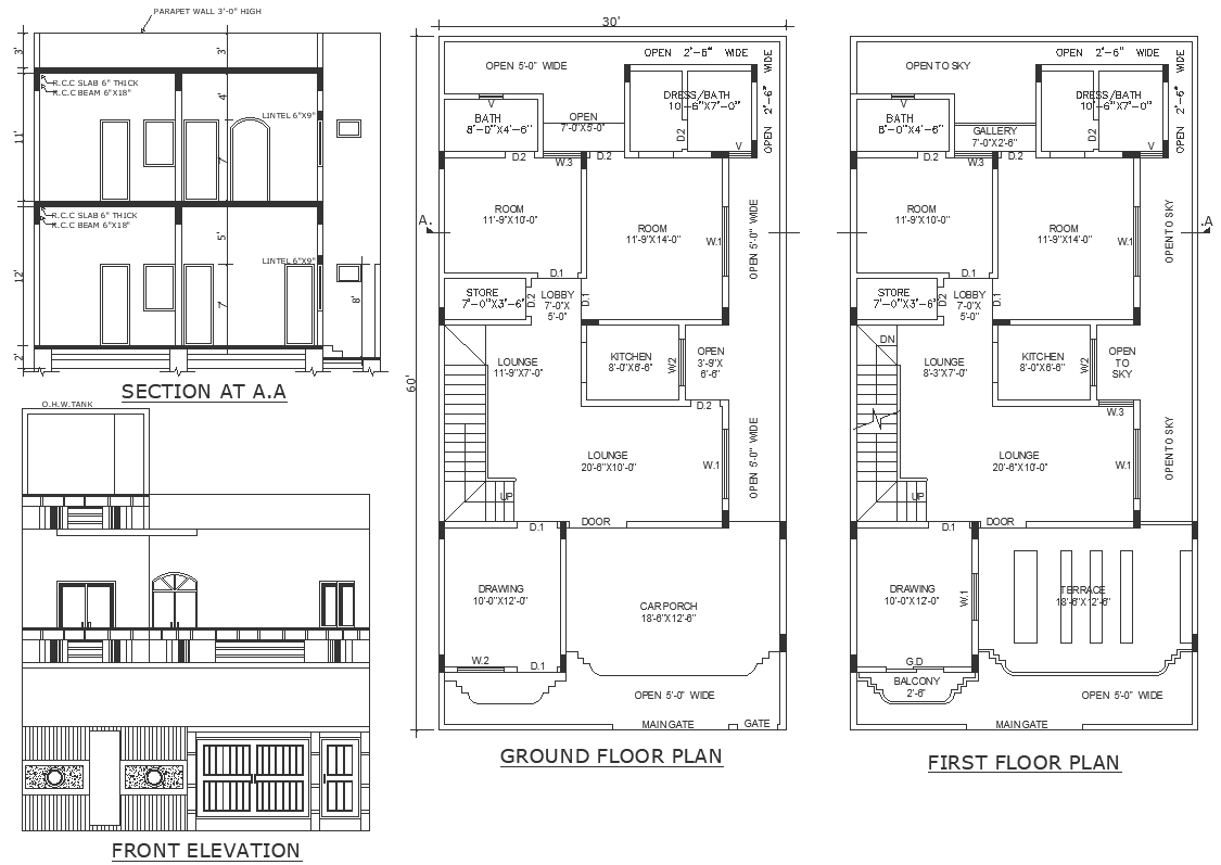 Front elevation with balcony details and floor plan, section and other details dwg autocad drawing .