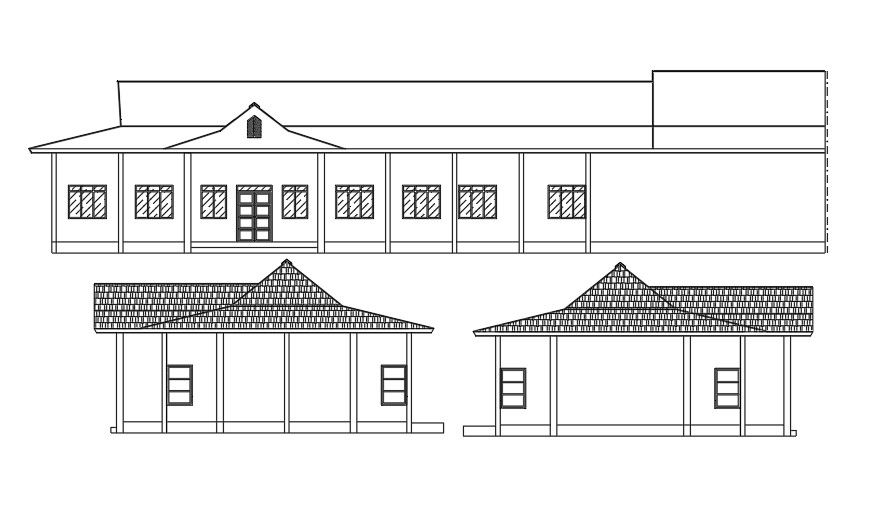 Front, left and right side elevation of the bungalow.