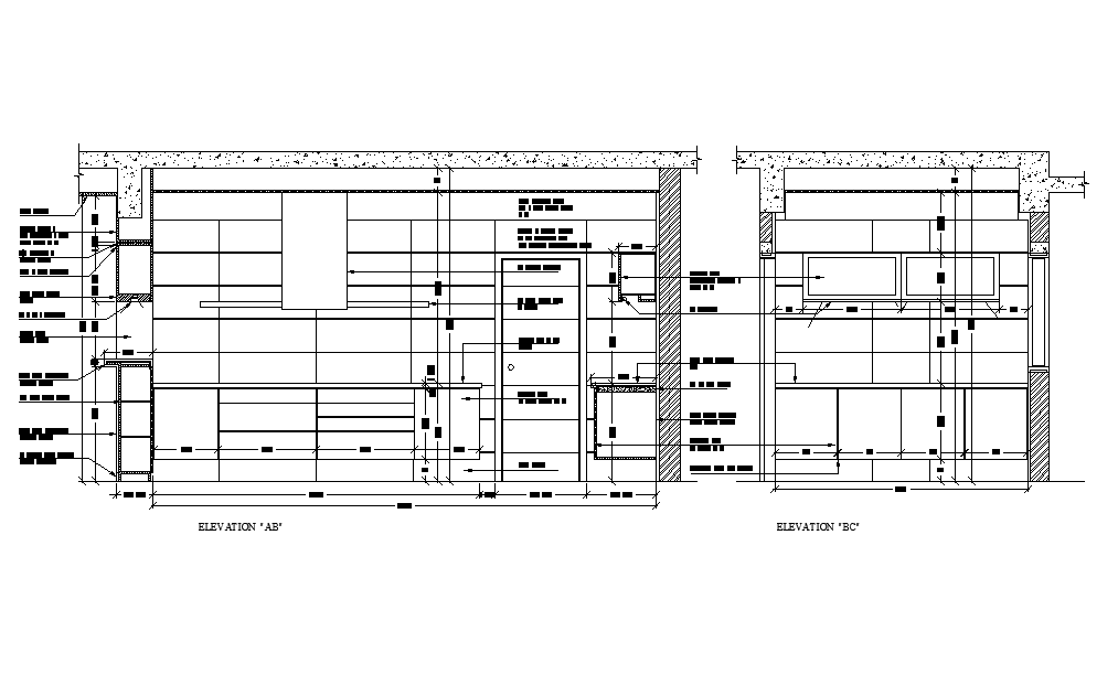 Front & left side elevation view of 15’x7’ kitchen is given in this AutoCAD drawing file.Download now.