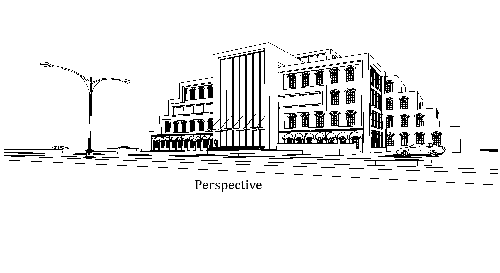 Front perspective view of 57x50m municipal office building is given in this Autocad drawing file.Download now.