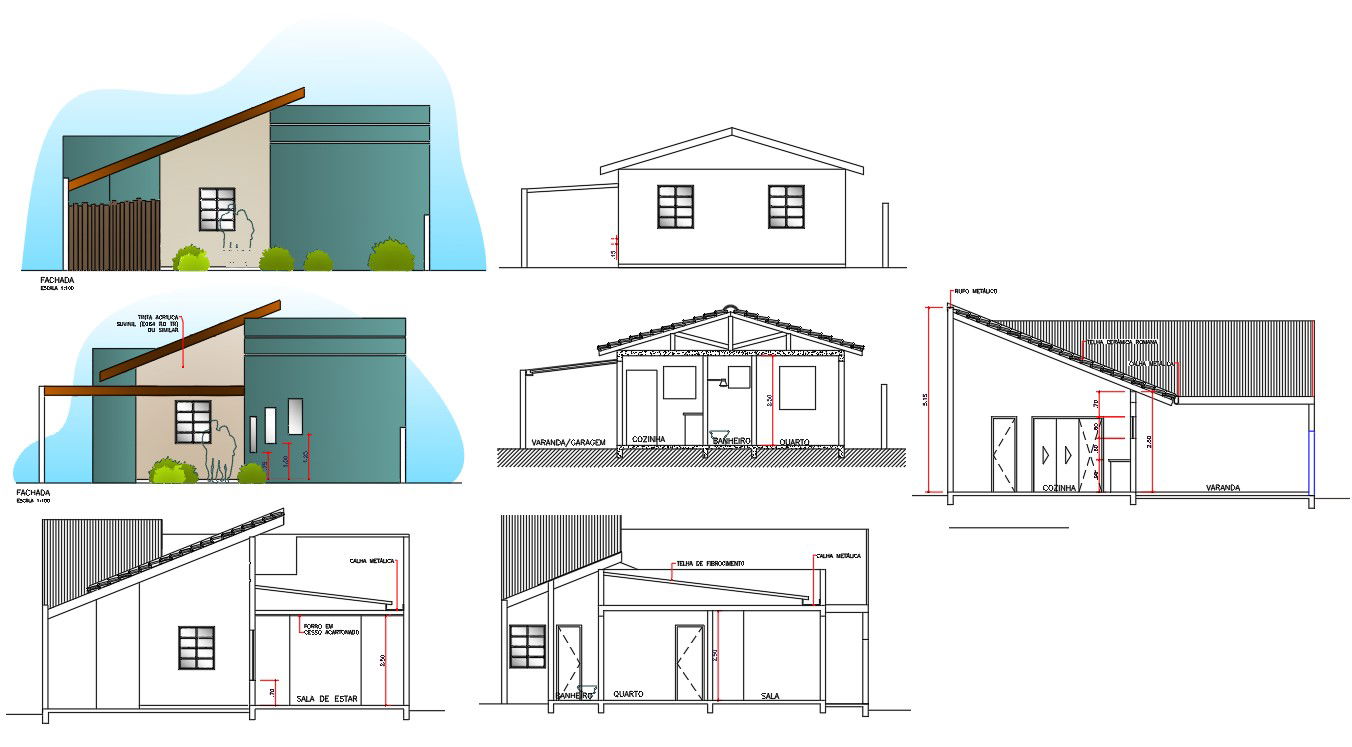Front, rear and side Elevation of 2BHK G+1 house plan AutoCAD DWG file.