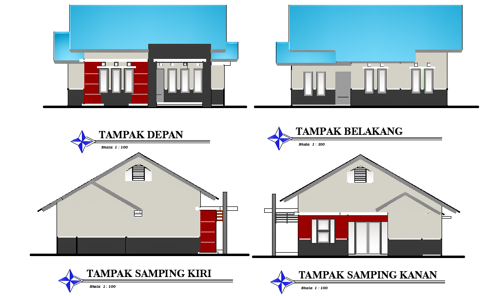Front & right elevation view of 25’x25’ house building is given in this Autocad drawing file. Download the Autocad model.