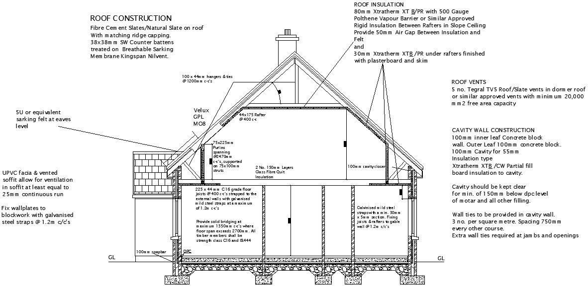 Front sectional Elevation with detail of roof construction.