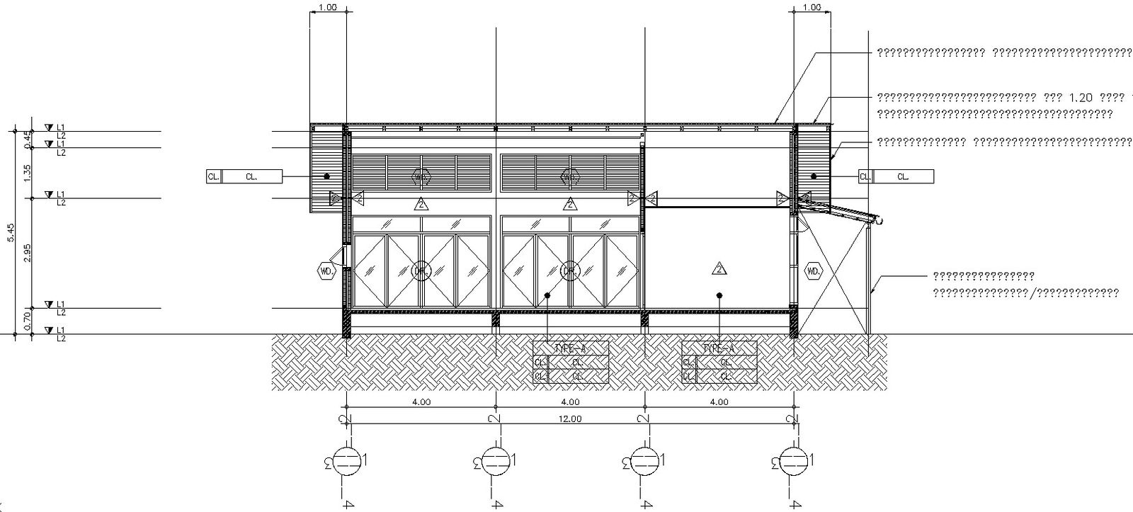 Front sectional elevation of a house.