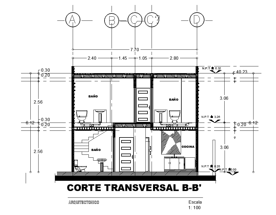 Front section view of 10x22m villa building has been given in this 2D AutoCAD drawing model.Download now.