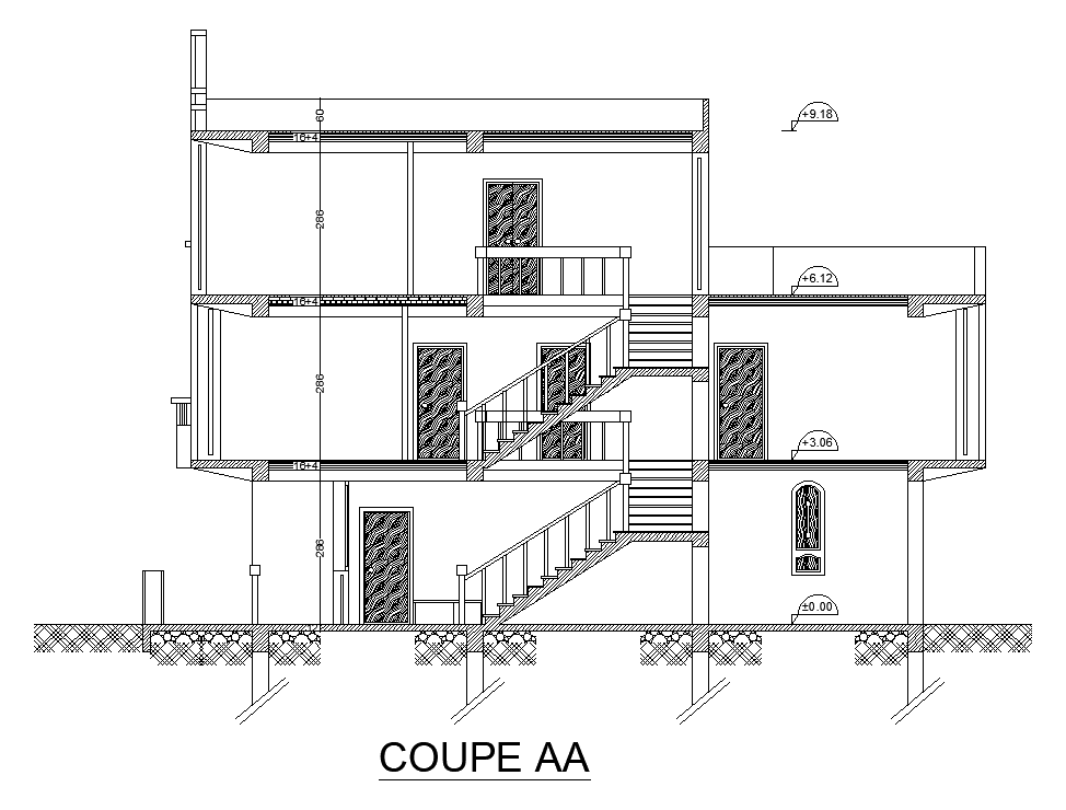 Front section view of 11x14m villa building is given in this AutoCAD drawing model.Download now.
