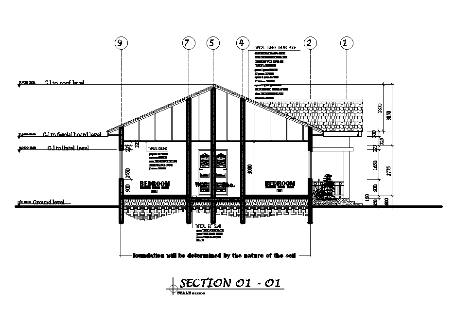 Front section view of 12x13m ground floor house plan is given in this Autocad drawing file. Download now.