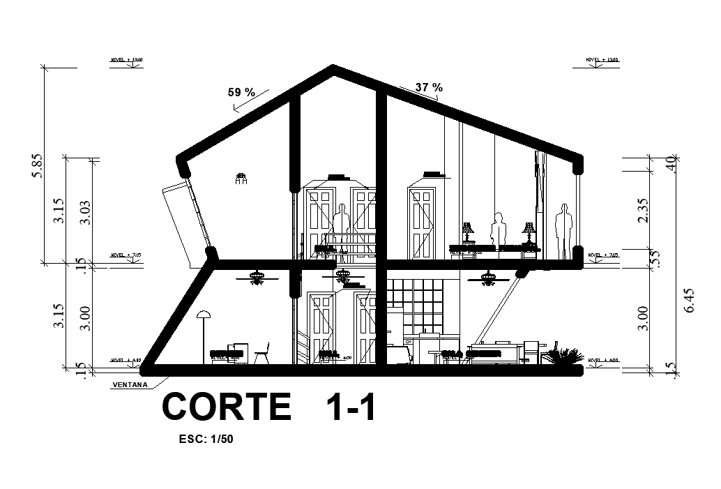 Front section view of 13x7m house building is given in this AutoCAD DWG drawing file.Download now.