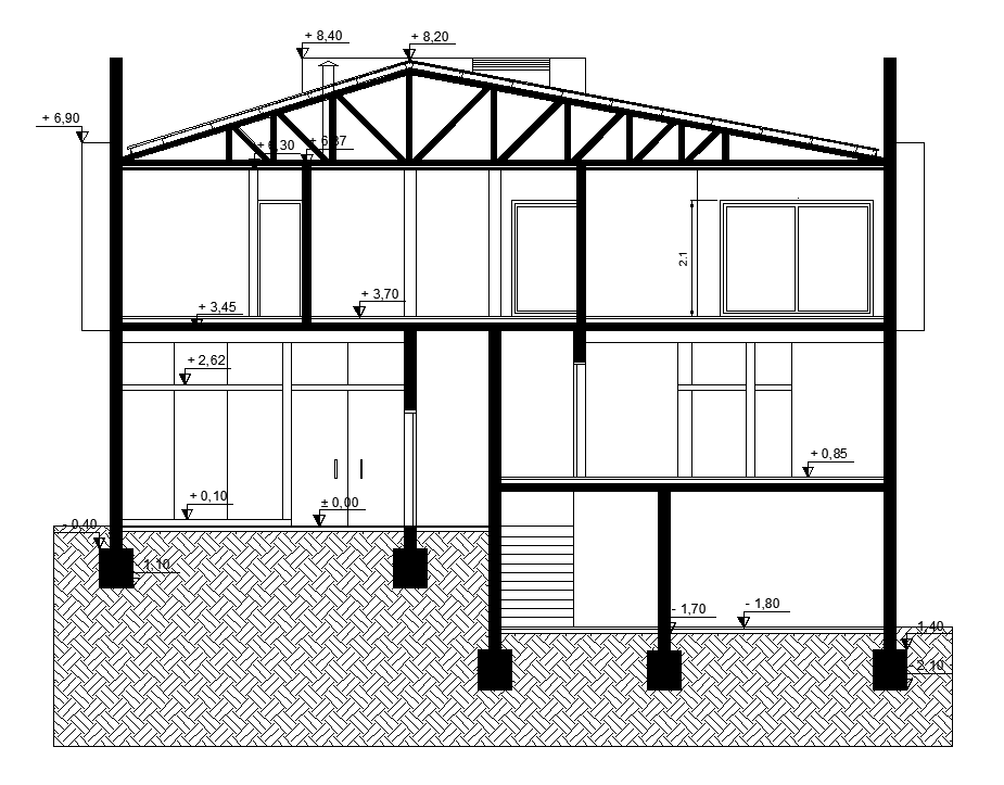 Front section view of 14x14m duplex house building is given in this AutoCAD drawing model. Download now.