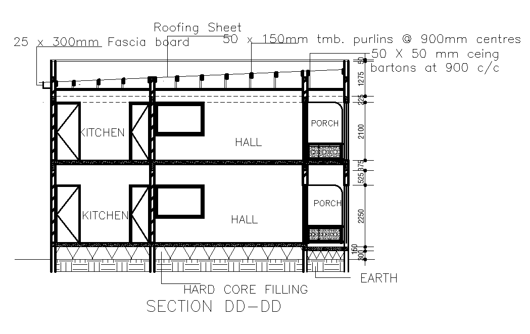 Front section view of 17x11m ground floor twin house plan is given in this Autocad drawing file.Download now.