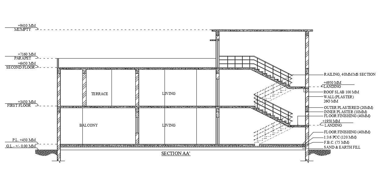 Front section view of 17x16m house is given in this AutoCAD drawing model. Download now.