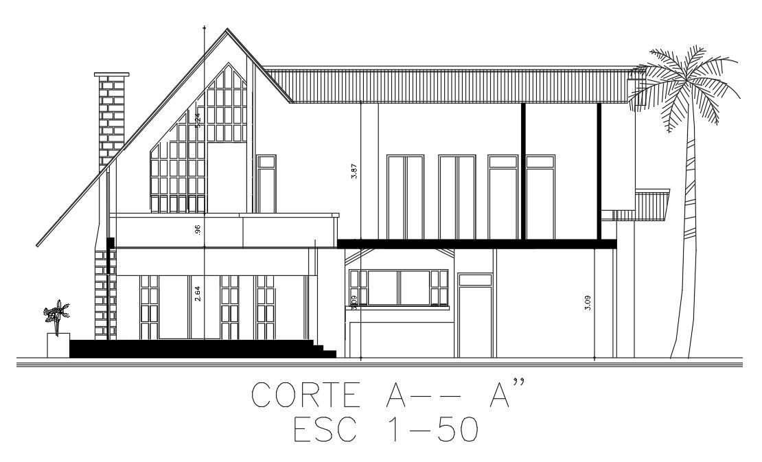 Front section view of 18x15m house building is given in this Autocad drawing file.Download now.